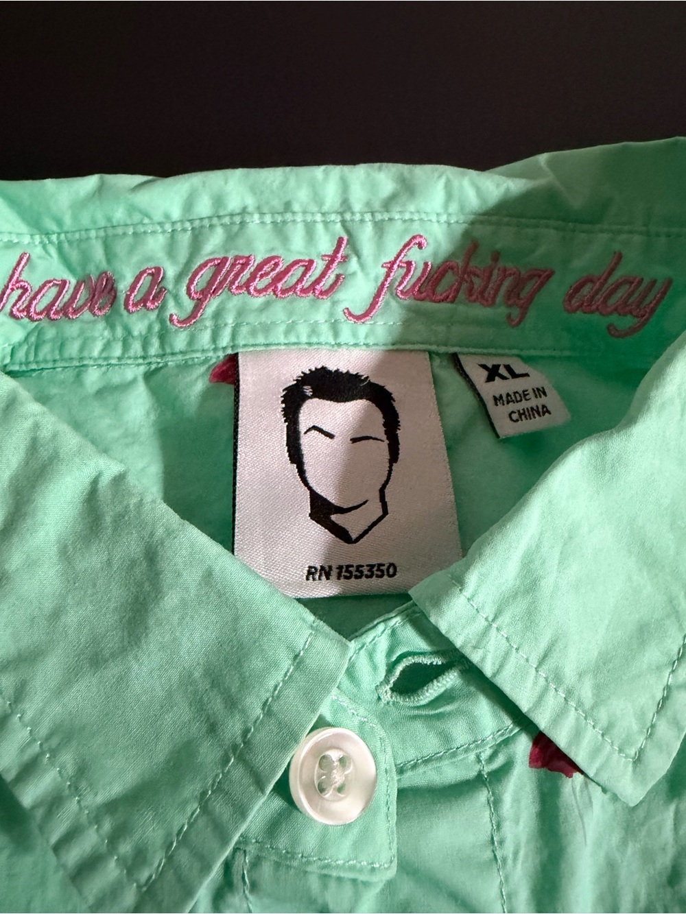 Men's Mint Green Button-Up Shirt - XL with surprise message on interior collar